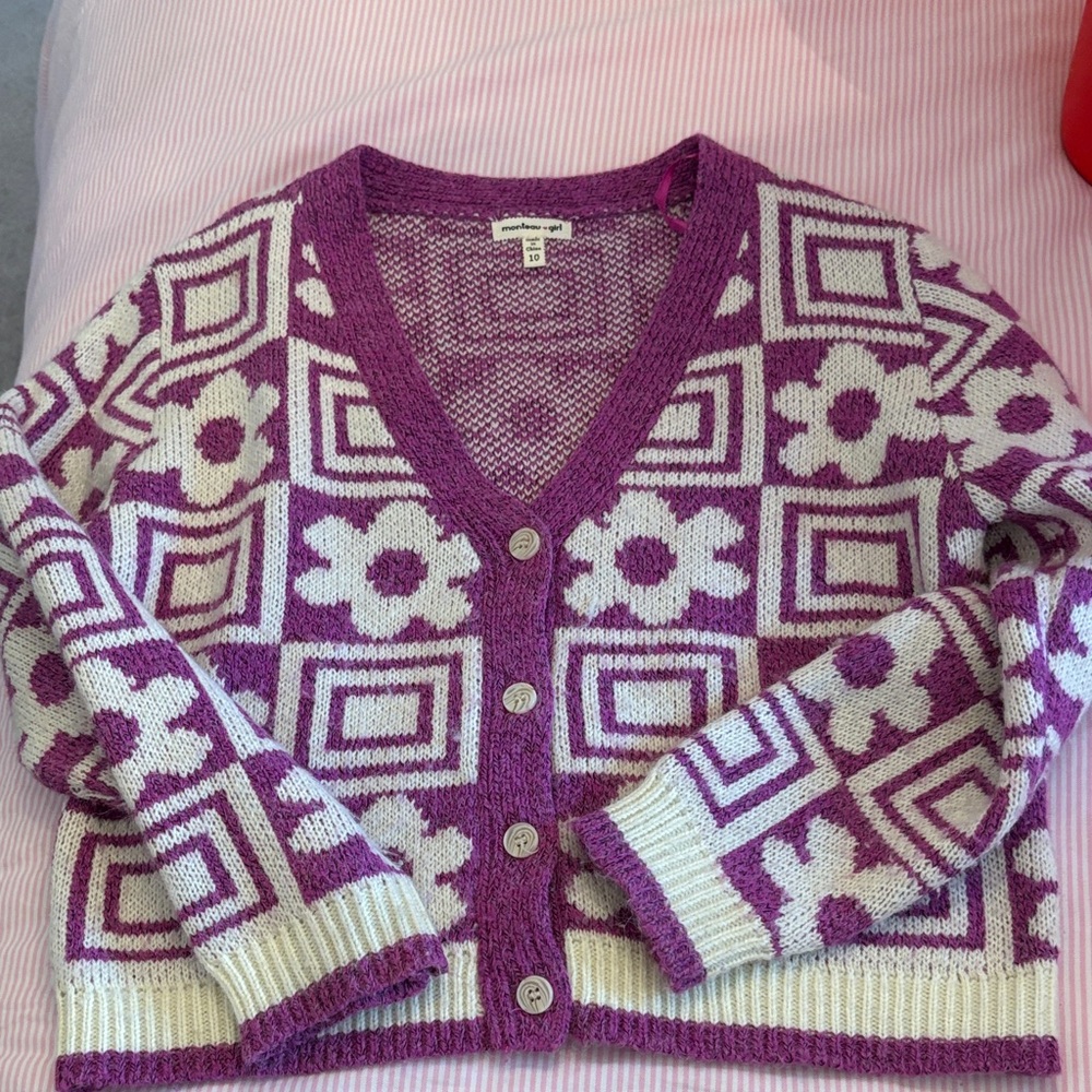 Purple Floral Geometric V-Neck Button Cardigan - Kids